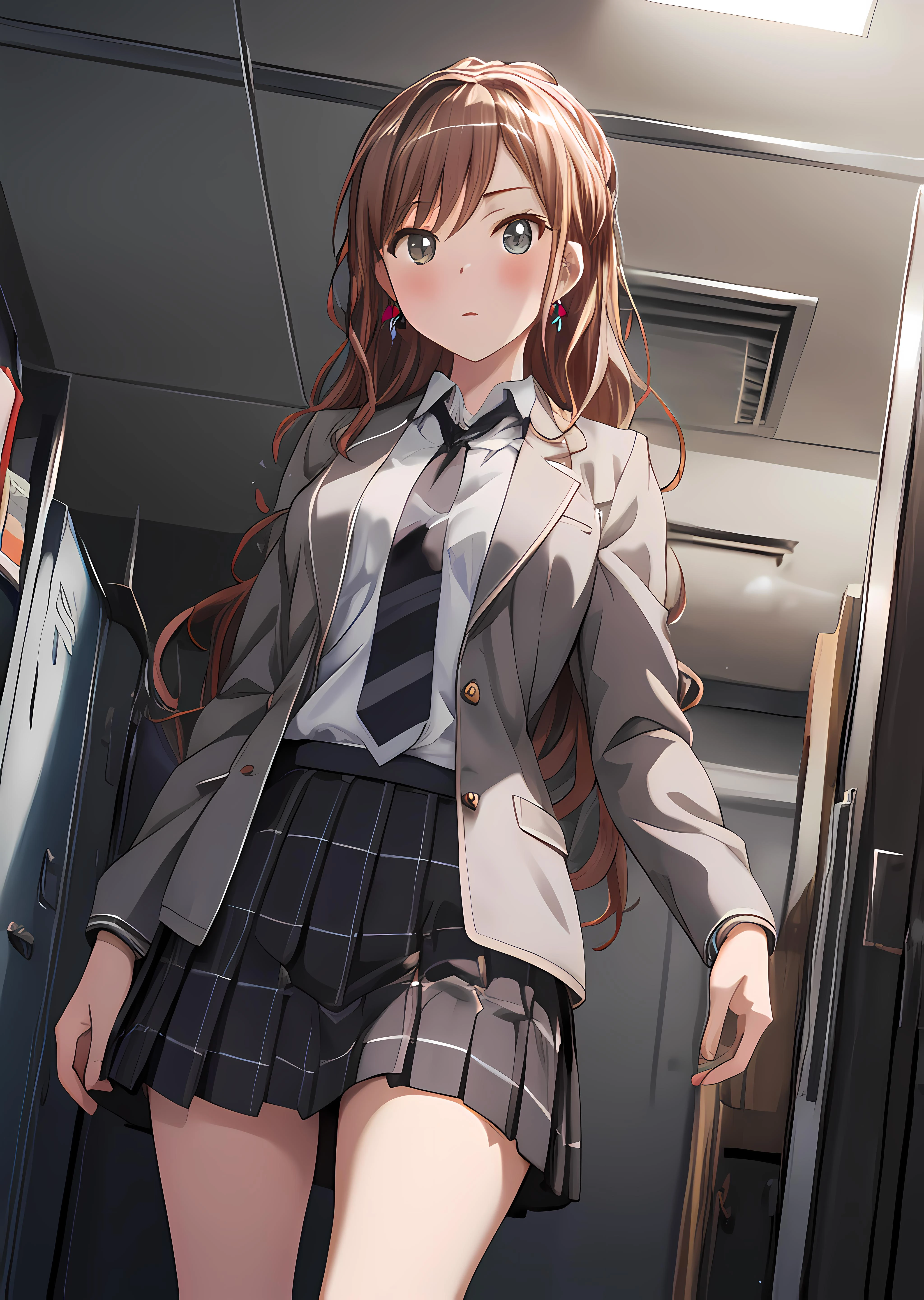 <lora:Lisachi-05:0.5> ,lisachi, ((masterpiece, best quality)),very detailed ,medium breasts,1girl, grey_necktie, brown_hair, haneoka_school_uniform, earrings, full_body, grey jacket, jewelry, long_hair, looking_at_viewer, necktie, plaid, plaid_skirt, grey_pleated_skirt, school_uniform, grey_skirt, <lora:newlisa:0.5>, looking down at viewer, from below, <lora:add_detail:0.5>, (wet clothes), (locker room),