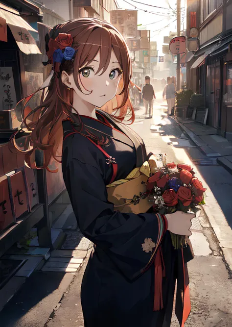 (masterpice, best quality, high quality, highres:1.4), extremely detailed, detailed skin, ambient soft lighting, 4K,1girl, upper body, color splashes, line art, art, rose ornament, hair flower, red rose, looking at viewer, long_hair, BLACK kimono, ((festival)), full body, ((JAPAN street))
BREAK
<lora:Lisachi-05:0.5>, <lora:newlisa:0.4>,  <lora:add_detail:0.1>