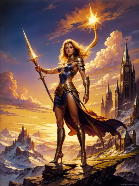 A fantasy painting by Boris Vallejo, of a beautiful warrior woman in chainmail, wielding a glowing sword, standing triumphantly on a mountain peak. <lora:Astraa_Boris_Vallejo:0.8> astraa_bv