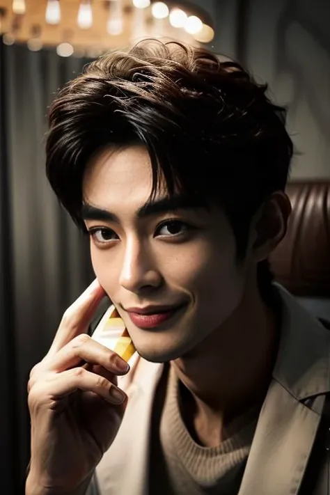 ((masterpiece)),((bestquality)),8k,high detailed,ultra-detailed,photography,award winning,documentary,Original Photo,realistic,(EOS R8,50mm,F1.2,8K,RAW photo:1.2),1boy,<lora:Hsu Wen-Tao:0.8>,black eyes,glint,Textured Menâs Haircut,solo male,slim Asian boy,male focus,solo,handsome face,real skin texture,well-proportioned hands,think eyebrow,portrait,<lora:add_detail:0.75>,<lora:muscle_slider_v1:-0.35>,<lora:weight_slider_v2:-0.35>,Evil Smile,cinematic lighting,Soft illuminaotion,