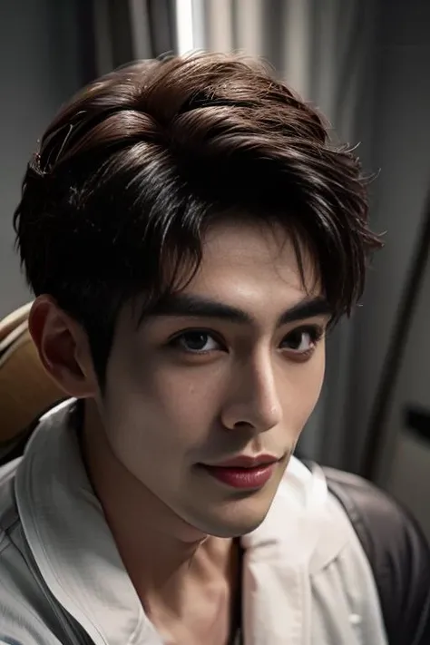 ((masterpiece)),((bestquality)),8k,high detailed,ultra-detailed,photography,award winning,documentary,Original Photo,realistic,(EOS R8,50mm,F1.2,8K,RAW photo:1.2),1boy,<lora:Hsu Wen-Tao:0.8>,black eyes,glint,Textured Menâs Haircut,solo male,slim Asian boy,male focus,solo,handsome face,real skin texture,well-proportioned hands,think eyebrow,portrait,<lora:add_detail:0.75>,<lora:muscle_slider_v1:-0.35>,<lora:weight_slider_v2:-0.35>,Seductive Smile,cinematic lighting,Soft illuminaotion,