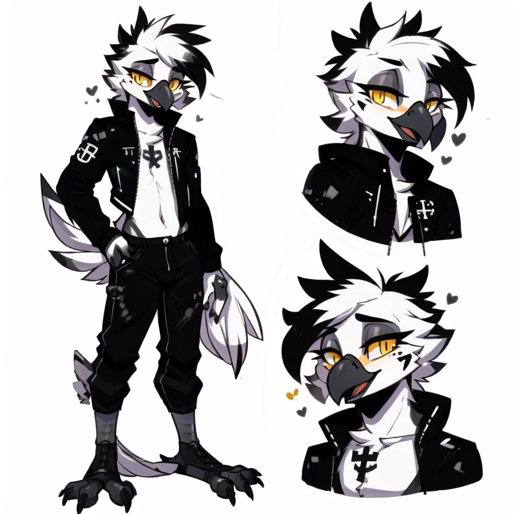 (CharacterSheet:1), (multiple views, full body, upper body, reference sheet:1), <lora:CharacterDesign_Concept-10:0.8>, Simple Background, (by zackary911, by jarnqk, (by waspsalad:1.2)), <lora:Anthro-Birds-v3.2.2-no_offset:1>Anthro, Avian, Bird, Beak,Emo, (twink), Punk Rock Clothing, Pants, Black Jacket, Paws, Yellow Eyes, (Black Gray and White fur:1.2), Yellow Highlights in Hair, (Small Cross Tattoo Under Right Eye:1.1), Detailed Fur, (Tail Feathers:1.3), Perfect Anatomy