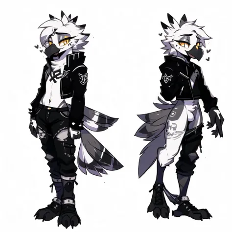 (CharacterSheet:1), (multiple views, full body, upper body, reference sheet:1.2), <lora:CharacterDesign_Concept-10:0.8>, Simple Background, (by zackary911, by jarnqk, (by waspsalad:1.2)), <lora:Anthro-Birds-v3.2.2-no_offset:1>Anthro, Avian, Bird, Beak,Emo, (twink), Punk Rock Clothing, Pants, Black Jacket, Paws, Yellow Eyes, (Black Gray and White fur:1.2), Yellow Highlights in Hair, (Small Cross Tattoo Under Right Eye:1.1), Detailed Fur, (Tail Feathers:1.3), Perfect Anatomy