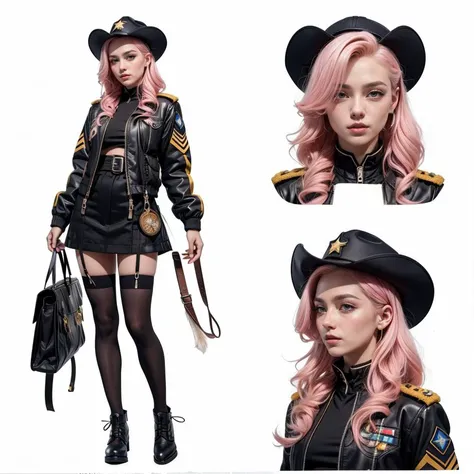 (CharacterSheet:1), 1girl, (straight pink hair, long hair, hair clip, black uniform, black thighhighs, skinny, pilot jacket), (aviator uniform, military), fight pose, (multiple views, full body, upper body, reference sheet:1),
(simple background, white background),
(masterpiece:1.2), (best quality, highest quality), (ultra detailed), (8k, 4k, intricate),(full-body-shot), (Cowboy-shot:1.4), (50mm), (highly detailed:1.2),(detailed face:1.2), detailed_eyes,(gradients),(ambient light:1.3),(cinematic composition:1.3),(HDR:1),Accent Lighting,extremely detailed,original, highres,(perfect_anatomy:1.2),
<lora:CharacterDesign_Concept-10:0.5>