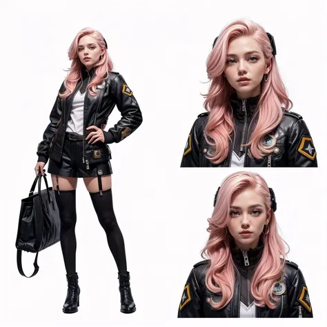 (CharacterSheet:1), 1girl, (straight pink hair, long hair, hair clip, black uniform, black thighhighs, skinny, pilot jacket), (aviator uniform, military), fight pose, (multiple views, full body, upper body, reference sheet:1),
(simple background, white background),
(masterpiece:1.2), (best quality, highest quality), (ultra detailed), (8k, 4k, intricate),(full-body-shot), (Cowboy-shot:1.4), (50mm), (highly detailed:1.2),(detailed face:1.2), detailed_eyes,(gradients),(ambient light:1.3),(cinematic composition:1.3),(HDR:1),Accent Lighting,extremely detailed,original, highres,(perfect_anatomy:1.2),
<lora:CharacterDesign_Concept-10:0.5>