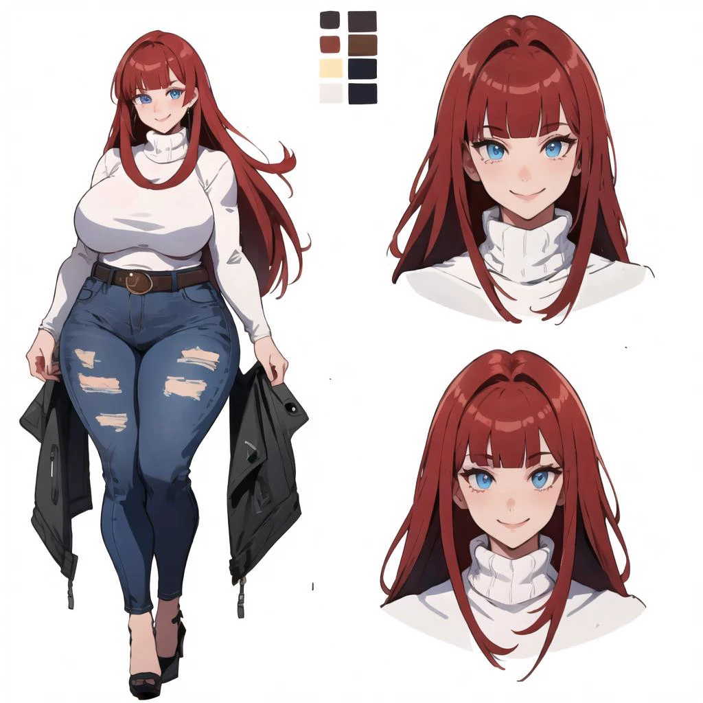 (masterpiece, best quality, high quality, highres:1.4), detailed, extremely detailed, ambient soft lighting, 4K, 1girl, (mature female, milf:1.2), (long hair, red hair, blunt bangs, long sidelocks, ((straight hair)):1.3), (blue eyes, smile,:1.2), huge breasts, saggy breasts, breasts squeezed together, voluptuous, wide hips, narrow waist, thick thighs (white turtleneck, black jeans, high waisted, belt, high heels:1.2), (charactersheet, multiple views, full body, reference sheet:1.3), simple background, white background, plain background <lora:milfWeightEdit_v1:0.5> <lora:jujunaughtStyleLora_v10:0.3> <lora:envybetterhandsLocon_beta2:1> <lora:matWomen_v2:0.5> <lora:CharacterDesign_Concept-10:0.5>