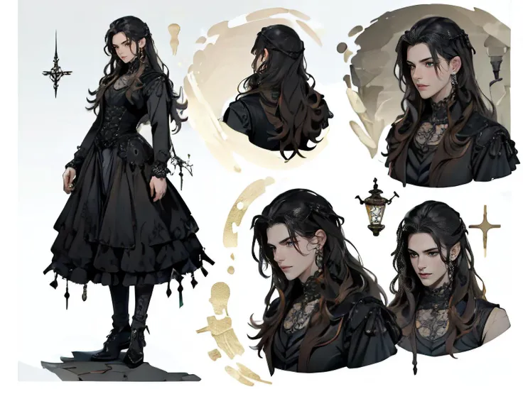 Gothic style ((masterpiece)), ((best quality)), (high resolution), (highly detailed), ((1boy)), long hair, sharp face, seductive, hair ornament, male features, male clothing, male focus, <lora:handsome_male:0.8> <lora:CharacterDesign_Concept:0.8> (CharacterSheet:1), (multiple views, full body, upper body, reference sheet:1), coherent spacing, ornate, intricate details, distain . Dark, mysterious, haunting, dramatic, ornate, detailed