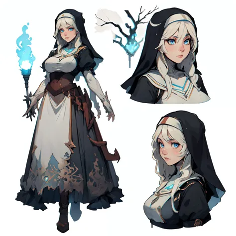 (CharacterSheet:1),1girl, nun, white long hair, blue eyes, big breast, lantern, (multiple views, full body, upper body, reference sheet:1), back view, front view,
(white background, simple background:1.2),(dynamic_pose:1.2),
(masterpiece:1.2), (best quality, highest quality), (ultra detailed), (8k, 4k, intricate), (50mm), (highly detailed:1.2),(detailed face:1.2), detailed_eyes,(gradients),(ambient light:1.3),(cinematic composition:1.3),(HDR:1),Accent Lighting,extremely detailed,original, highres,(perfect_anatomy:1.2),
<lora:CharacterDesign_Concept-10:0.55>