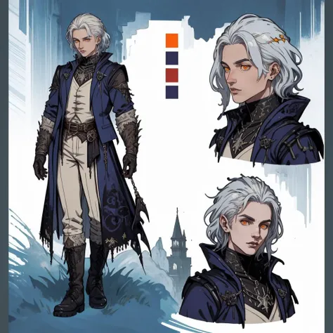 ((young man)), in a blue and purple suit and tie with a white hair and a whiteshirt, wearing long boots, , character sheet, concept art, gothic art, ((fantasy art)), (8k), epic, attractive, sharp lines, (occidental), (fine sharp lines), (inked-art), (epic), (hyperdefined), (flat saturated colors),(ultradetailed:1.2),  <lora:CharacterDesign_Concept:0.8>, (multiple views, full body, upper body, reference sheet:1), orange eyes,
