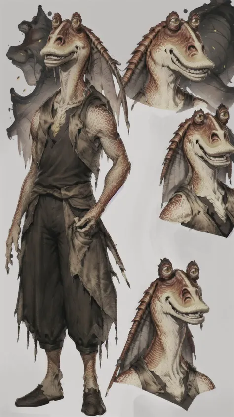 <lora:character_jarJarBinks_v3:0.8> jar jar binks, vest, <lora:CharacterDesign_Concept-10:0.8> (CharacterSheet:1.15), (multiple views, full body, upper body, reference sheet:1.15), masterpiece, best quality, extremely detailed, highly quality, 4k, sharp focus, professional, sharp focus, award winning, cinematic lighting, octane render, unreal engine, volumetrics dtx, Wallpaper,