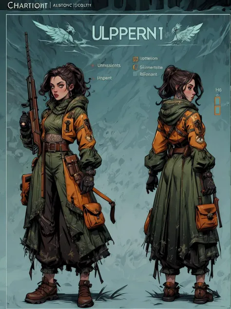 High quality, incredible details, absurd res, full shot, ambient lighting, illuminated, female, badass girl, holding a shotgun,   <lora:CharacterDesign_Concept-10:0.8> (CharacterSheet:1), (multiple views, full body, upper body, reference sheet:1), <lora:add_detail:0.8>,