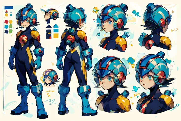 <lora:Megaman:.8> Megaman, 1boy,<lora:CharacterDesign_Concept-10:.5>, (CharacterSheet:1), (multiple views, full body, upper body, reference sheet:1)