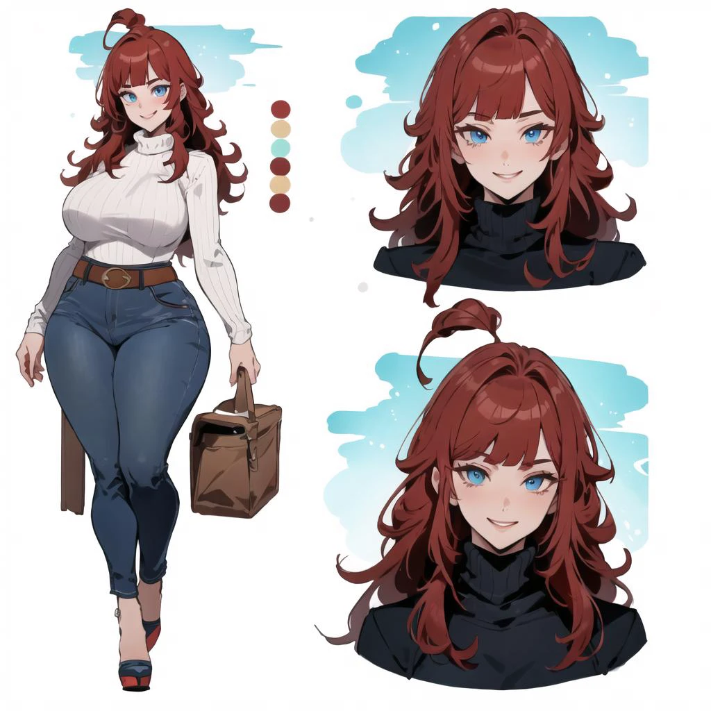(masterpiece, best quality, high quality, highres:1.4), detailed, extremely detailed, ambient soft lighting, 4K, 1girl, (mature female, milf:1.2), (long hair, red hair, blunt bangs, long sidelocks:1.3), (blue eyes, smile,:1.2), huge breasts, saggy breasts, breasts squeezed together, voluptuous, wide hips, narrow waist, thick thighs (white turtleneck, black jeans, high waisted, belt, high heels:1.2), (charactersheet, multiple views, full body, reference sheet:1.3), simple background, white background, plain background <lora:milfWeightEdit_v1:0.5> <lora:jujunaughtStyleLora_v10:0.3> <lora:envybetterhandsLocon_beta2:1> <lora:matWomen_v2:0.5> <lora:CharacterDesign_Concept-10:0.65>