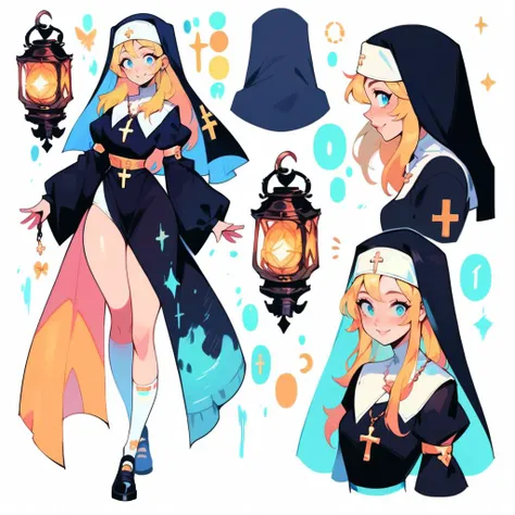 score_9, score_8_up, score_7_up, score_6_up, 1girl, nun, white long hair, blue eyes, big breast, lantern, leaning forward, cute pose, small breasts, thick thighs, smile, looking at viewer, cute, simple white background, dynamic pose, sexy, splash art, concept art, character design, character reference sheet, multiple views, full body, upper body
<lora:XLPCharacterDesign_Concept:0.9> CharacterDesignXL