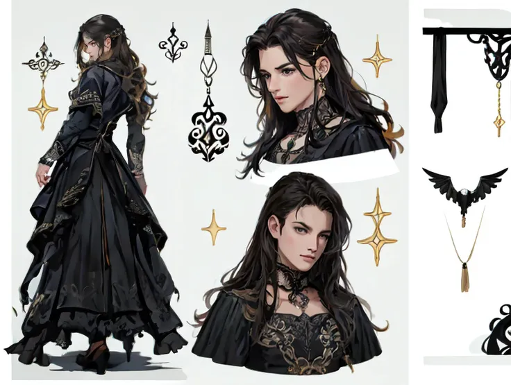 Gothic style ((masterpiece)), ((best quality)), (high resolution), (highly detailed), ((1boy)), long hair, sharp face, seductive, hair ornament, male features, male clothing, male focus, <lora:handsome_male-02:0.8> <lora:CharacterDesign_Concept-10:0.8> (CharacterSheet:1), (multiple views, full body, upper body, reference sheet:1), coherent spacing, ornate, intricate details, distain . Dark, mysterious, haunting, dramatic, ornate, detailed