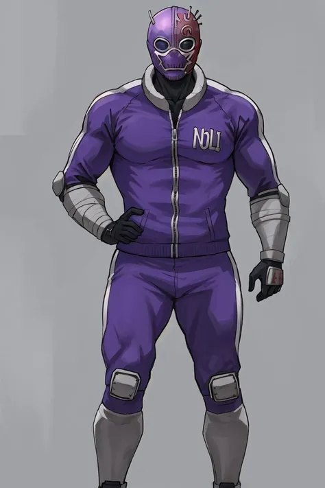 (full body:1.2), noi_dorohedoro, purple suit, mask, beautiful, ultra-detailed, beautiful, amazing, masterpiece, (realistic:0.5), <lora:Noi (Dorohedoro):0.6>