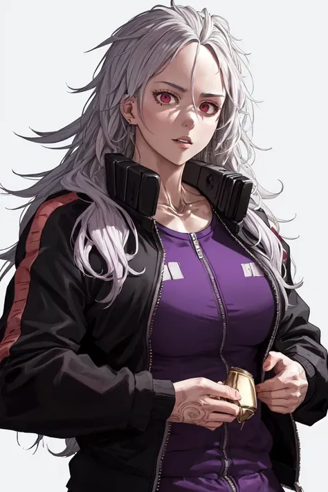 noi_dorohedoro, highres, sharp focus, pixiv masterpiece, ((intricate details)), highly detailed, upper body, 1girl, long hair, muscular, jacket, purple track suit, looking at viewer <lora:Noi_Dorohedoro_v1_1:0.7>