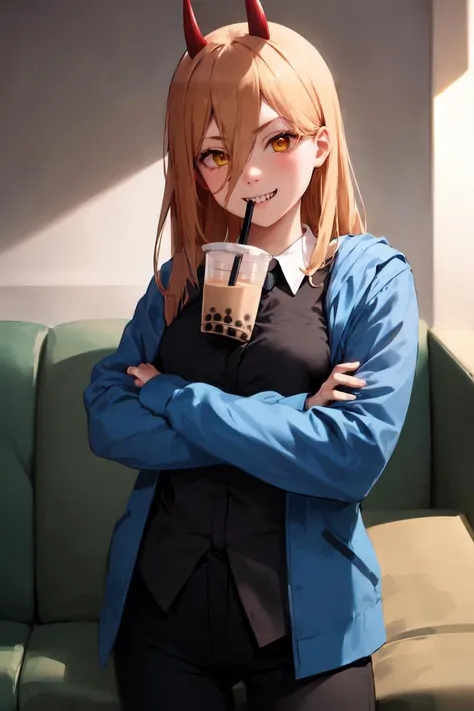 (masterpiece, best quality:1.1), 1girl, cowboy shot, power \(csm\), crossed arms, sharp teeth, symbol-shaped pupils, cross-shaped pupils, blue jacket, collared shirt, black necktie, black pants, smiling, bubble tea challenge, drinking straw, sofa, <lora:csm_power-13:1> , <lora:concept_bubbleteachallenge:1>