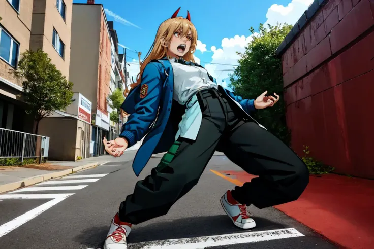 (masterpiece, best quality:1.2), city street, debris, cracked wall, solo, 1girl, power \(csm\), sharp teeth, IncrsWryyyyy, wryyyyyyyyyyyyyyyyyyyy, (bended knees:0.75), symbol-shaped pupils, cross-shaped pupils, blue jacket, collared shirt, black necktie, black pants, sneakers <lora:csm_power:1> <lora:WryyyyyPose:0.9>