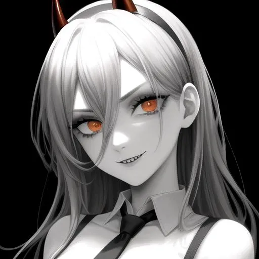 (( only orangecolor)),<lora:more_details:0.3>, masterpie, chrome, nose, portrait, perfect eyes, glowing eyes, most beutiful eyes, perfect face, clear face, <lora:csm_power-13:1>, Power,  sharp teeth, power \(csm\) hairband, (Two horns), (black necktie), white shirt, badass,crazy, bad girl, braid, collar, eyelashes, greyscale , lora:gothgirl:0.75>, ((running makeup)), hair between eyes, looking at viewer, seductive smile, crazy smile,  ringed eyes, orange eyes, sidelocks, white background,(masterpiece, exceptional, best aesthetic, best quality, masterpiece, extremely detailed:1.2), <lyco:inoitoh-000013:0.2>, (greyscale, monochrome:1.1)  16k, UHD, HDR10, ((Masterpiece)), Absurdres.