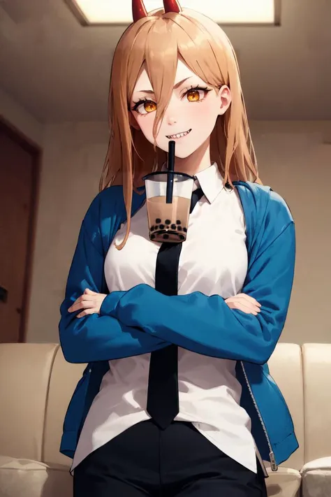 (masterpiece, best quality:1.1), 1girl, cowboy shot, power \(csm\), crossed arms, sharp teeth, symbol-shaped pupils, cross-shaped pupils, blue jacket, collared shirt, black necktie, black pants, smiling, bubble tea challenge, drinking straw, sofa, <lora:csm_power-13:1> , <lora:concept_bubbleteachallenge:1>