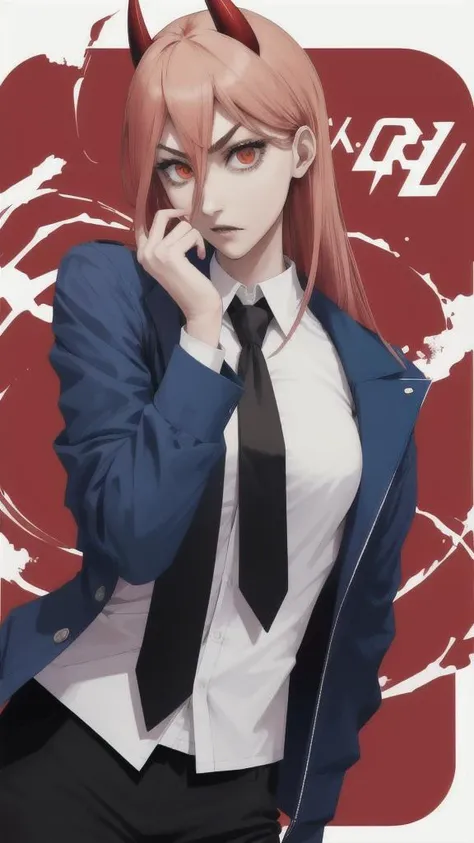 comic,politely,vigorous,power-chan , a character of chainsaw man,Devil hunter belonging to public security, Denji's buddy,sharp teeth,symbol-shaped pupils,slender,thin waists,the most beautiful girl,the blood devil,so selfish fool,She takes great care of her cat Nyako,1head,1female-upperbody,1female-lowerbody,2arms,2hands,2legs,2feet,5fingers,hell,blue jacket,collared shirt,black necktie,black pants, public security, dormitory,power \(csm\) <lora:csm_power:1>