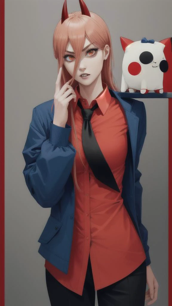 comic,politely,vigorous,power-chan , a character of chainsaw man,Devil hunter belonging to public security, Denji's buddy,sharp teeth,symbol-shaped pupils,slender,thin waists,the most beautiful girl,the blood devil,so selfish fool,She takes great care of her cat Nyako,1head,1female-upperbody,1female-lowerbody,2arms,2hands,2legs,2feet,5fingers,hell,blue jacket,collared shirt,black necktie,black pants, public security, dormitory,power \(csm\) <lora:csm_power:1>