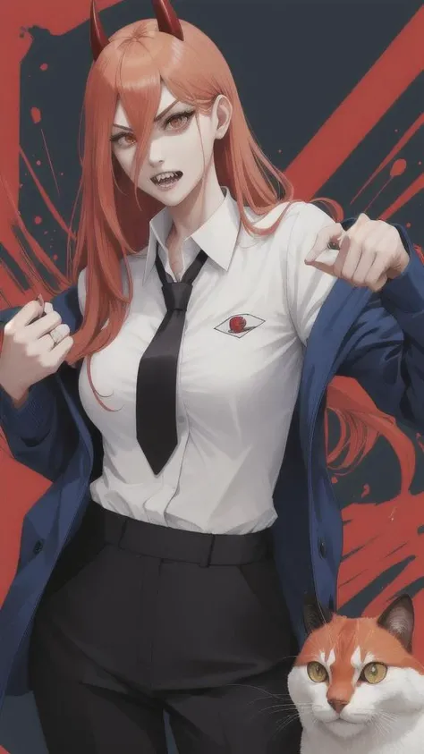 comic,politely,vigorous,power-chan , a character of chainsaw man,Devil hunter belonging to public security, Denji's buddy,sharp teeth,symbol-shaped pupils,slender,thin waists,the most beautiful girl,the blood devil,so selfish fool,She takes great care of her cat Nyako,1head,1female-upperbody,1female-lowerbody,2arms,2hands,2legs,2feet,5fingers,hell,blue jacket,collared shirt,black necktie,black pants, public security, dormitory,power \(csm\) <lora:csm_power:1>