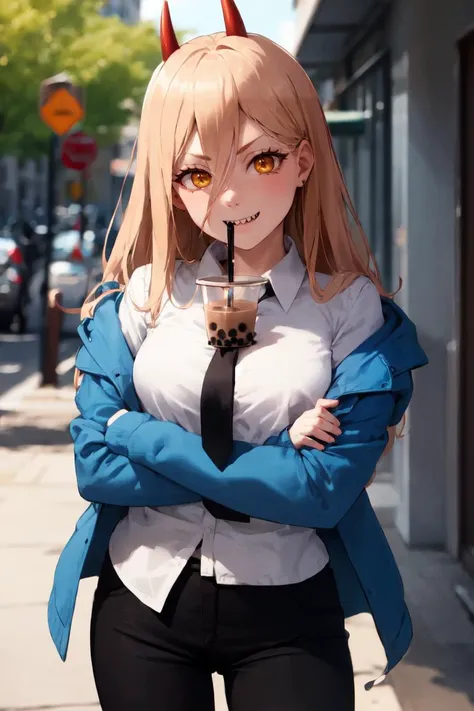 (masterpiece, best quality:1.1), 1girl, cowboy shot, power \(csm\), crossed arms, sharp teeth, symbol-shaped pupils, cross-shaped pupils, blue jacket, collared shirt, black necktie, black pants, smiling, bubble tea challenge, drinking straw, outdoors, <lora:csm_power-13:1> , <lora:concept_bubbleteachallenge:1>