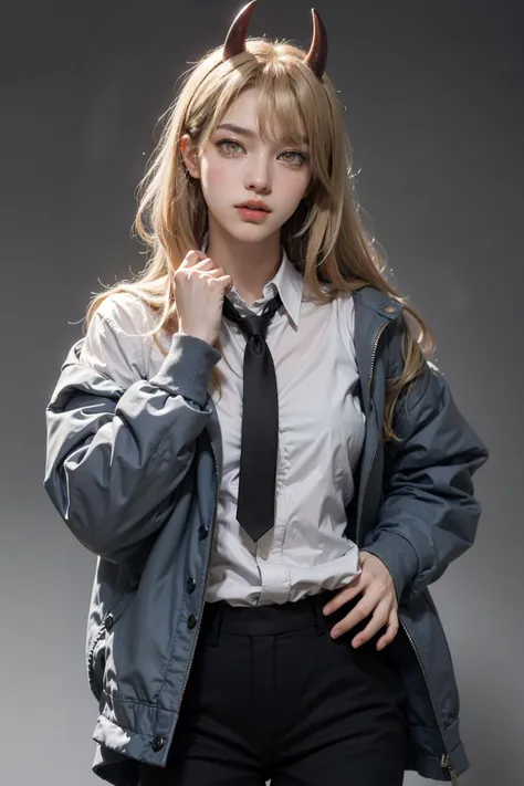 (best quality, masterpiece:1.4), absurdres, ultra-detailed CG, 8k, high detailed, beautiful face, detailed face, 1girl, solo, <lora:csm_power-13:1>, power \(csm\), (horns, blonde hair:1.4), hair between eyes, symbol-shaped pupils, sharp teeth, white shirt, black pants, necktie, jacket, toned, shiny skin, head tilt, standing still, ((grey background)), bloom, light particles, depth of field, cowboy shot, straight-on,