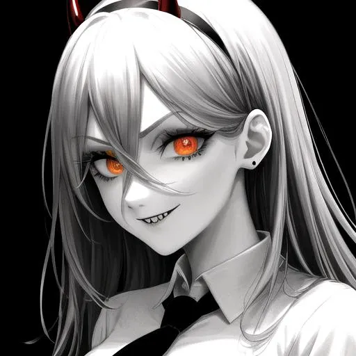 (( only orangecolor)),<lora:more_details:0.3>, masterpie, chrome, nose, portrait, perfect eyes, glowing eyes, most beutiful eyes, perfect face, clear face, <lora:csm_power-13:1>, Power, sharp teeth, power \(csm\) hairband, (Two horns), (black necktie), white shirt, badass,crazy, bad girl, braid, collar, eyelashes, greyscale , lora:gothgirl:0.75>, ((running makeup)), hair between eyes, looking at viewer, seductive smile, crazy smile, ringed eyes, orange eyes, sidelocks, white background,(masterpiece, exceptional, best aesthetic, best quality, masterpiece, extremely detailed:1.2), <lyco:inoitoh-000013:0.2>, (greyscale, monochrome:1.1) 16k, UHD, HDR10, ((Masterpiece)), Absurdres.