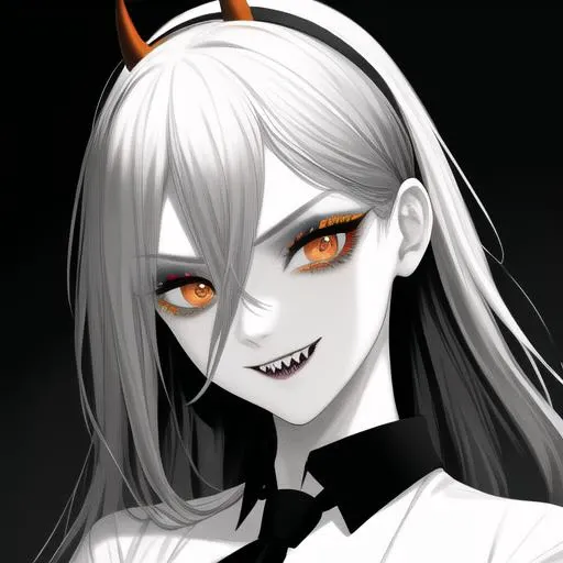 (( only orangecolor)),<lora:more_details:0.3>, masterpie, chrome, nose, portrait, perfect eyes, glowing eyes, most beutiful eyes, perfect face, clear face, <lora:csm_power-13:1>, Power, sharp teeth, power \(csm\) hairband, (Two horns), (black necktie), white shirt, badass,crazy, bad girl, braid, collar, eyelashes, greyscale , lora:gothgirl:0.75>, ((running makeup)), hair between eyes, looking at viewer, seductive smile, crazy smile, ringed eyes, orange eyes, sidelocks, white background,(masterpiece, exceptional, best aesthetic, best quality, masterpiece, extremely detailed:1.2), <lyco:inoitoh-000013:0.2>, (greyscale, monochrome:1.1) 16k, UHD, HDR10, ((Masterpiece)), Absurdres.