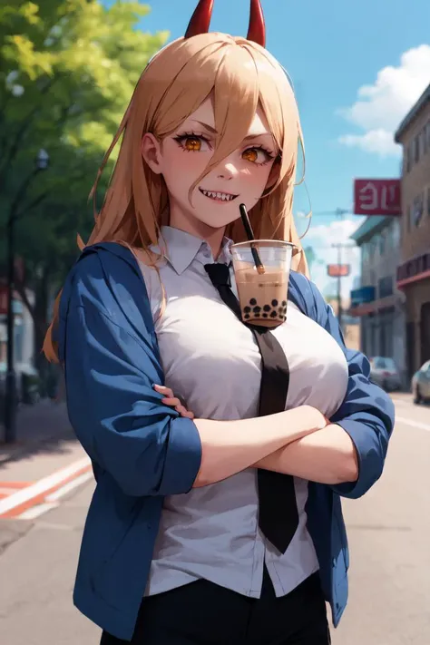 (masterpiece, best quality:1.1), 1girl, cowboy shot, power \(csm\), crossed arms, sharp teeth, symbol-shaped pupils, cross-shaped pupils, blue jacket, collared shirt, black necktie, black pants, smiling, bubble tea challenge, drinking straw, outdoors, <lora:csm_power-13:1> , <lora:concept_bubbleteachallenge:1>