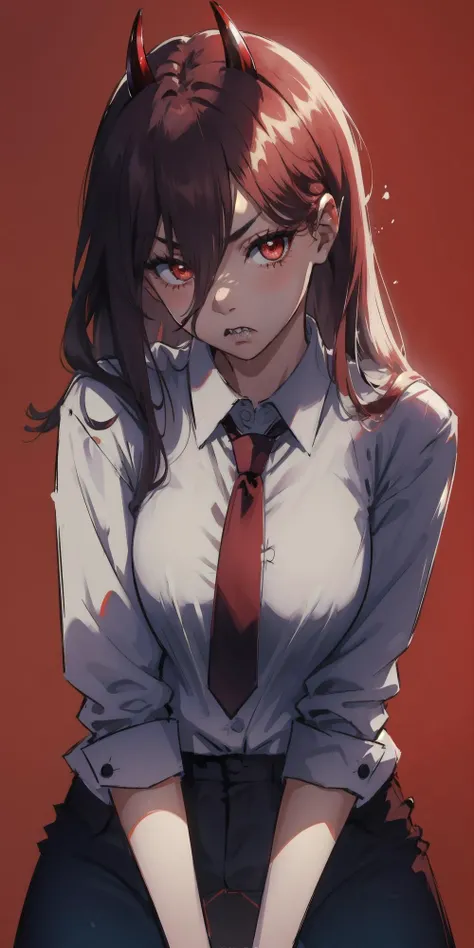 incredibly absurdres,huge filesize,wallpaper,available light,simple_background,red_background,<lora:csm_power-13:0.8>,1girl,solo,power \(csm\),symbol-shaped pupils,cross-shaped pupils,teeth,sharp teeth,necktie,red eyes,suit,white_shirt,glaring,hair details,<lora:DarkLighting:0.5>,pants,leaning_on_object,close-up,(face_focus),eyes_focus,portrait,