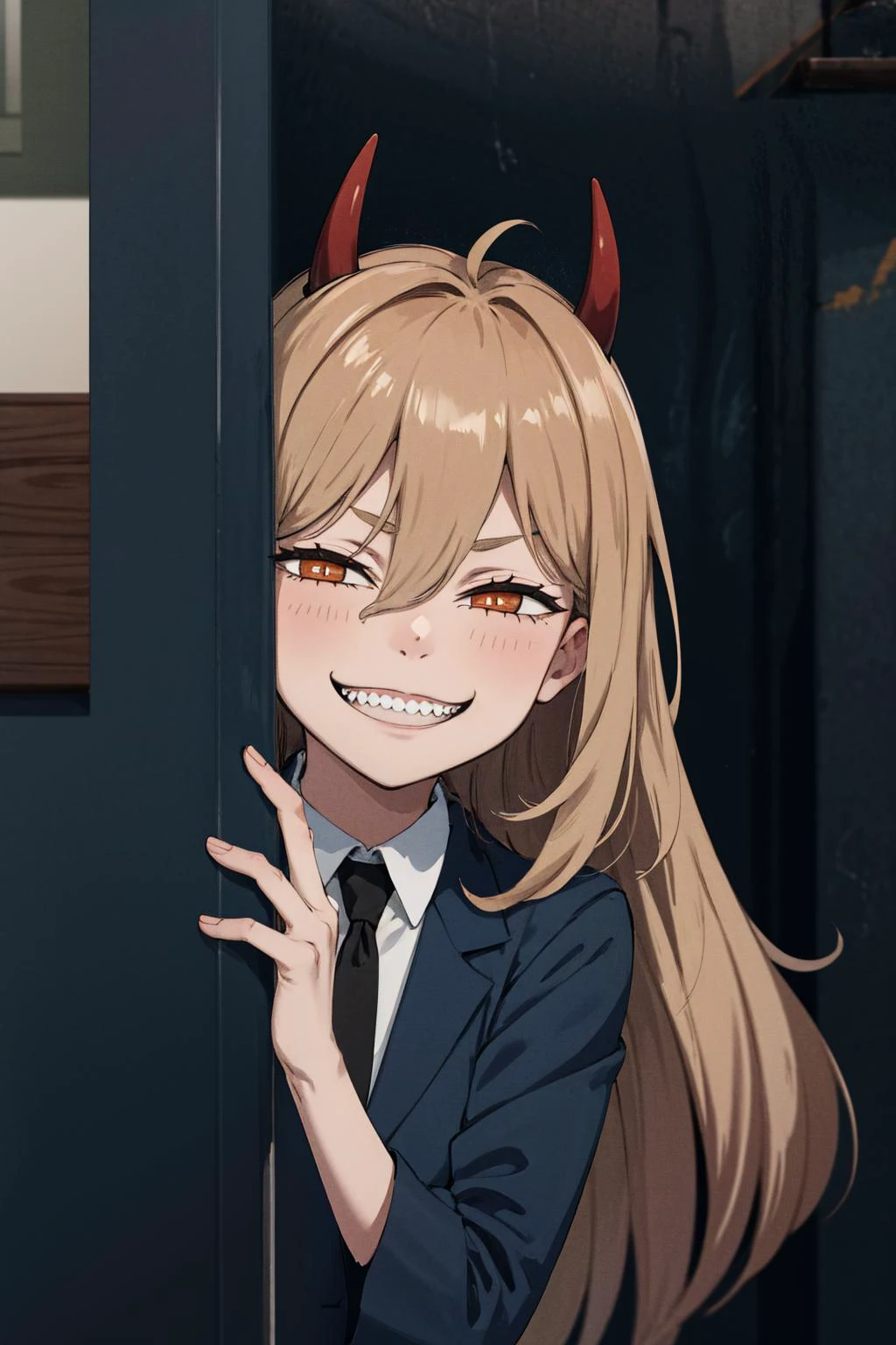 masterpiece, best quality, absurdres, 1girl, solo, life-size-body, <lora:AnyasHehFaceMeme:0.8> IncrsAnyasHehFaceMeme, grin, smug,
<lora:peeking_out_upper_body_pruned:1.2> peeking out upper body, <lora:csm_power:0.8> power \(csm\), sharp teeth, symbol-shaped pupils, cross-shaped pupils, blue jacket, collared shirt, black necktie, black pants, <lora:LowRA:0.6>