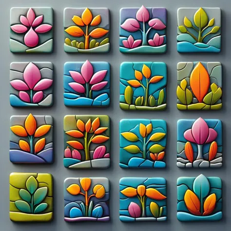 <lora:artfullyTILES_SDXL_V1:0.7>,icon collection arranged in a grid of a set of different colored,abstract colorful  orchids,landscapes set set,bright glazes,ceramic,decorative relief,iconographic motifs,icons set  isolated on grey background  c,in the style of tactile textured paintings,luminous 3d objects,opaque resin panels,organic stone carvings,rounded forms,surrealistic ceramic sculptures,tonal colors,vibrant color blocks,vibrant fantasy landscapes,hyper-detailed illustrations,colorful biomorphic forms,