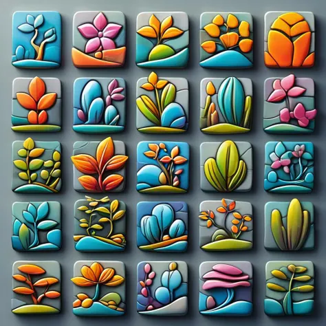 <lora:artfullyTILES_SDXL_V1:0.7>,icon collection arranged in a grid of a set of different colored,abstract colorful orchids,landscapes set set,bright glazes,ceramic,decorative relief,iconographic motifs,icons set isolated on grey background c,in the style of tactile textured paintings,luminous 3d objects,opaque resin panels,organic stone carvings,rounded forms,surrealistic ceramic sculptures,tonal colors,vibrant color blocks,vibrant fantasy landscapes,hyper-detailed illustrations,colorful biomorphic forms,