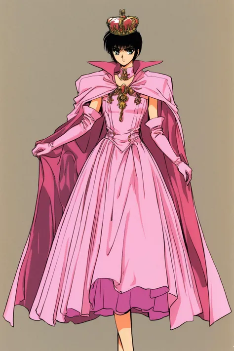Hokuto Sumeragi,1girl,solo,crown,black hair,retro artstyle,dress,cape,gloves,pink dress,short hair,white background,elbow gloves,pink gloves,simple background,<lora:Tokyo Babylon_XL:0.8>,
