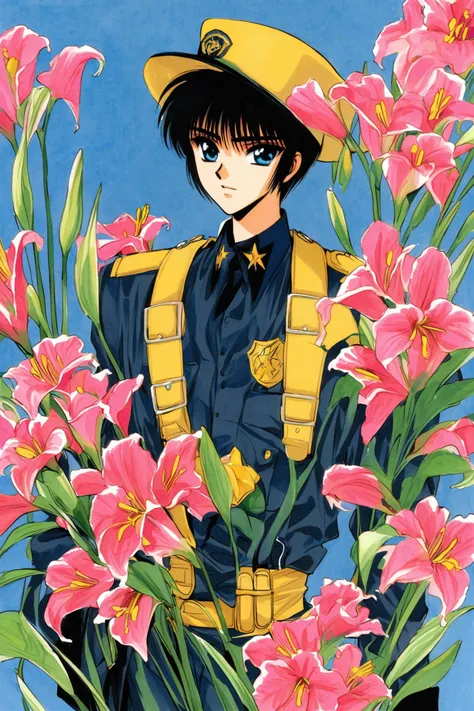 Subaru Sumeragi, flower, solo, blue eyes, hat, lily (flower), male focus, uniform, black hair, 1boy, gloves, retro artstyle, 1990s (style), police uniform, short hair, androgynous, police,traditional media,<lora:Tokyo Babylon_XL:0.8>,