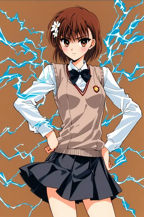 1girl,misaka mikoto,skirt,solo,brown hair,brown eyes,hair ornament,bow,pleated skirt,looking at viewer,short hair,hand on hip,bowtie,school uniform,tokiwadai school uniform,electricity,long sleeves,bangs,black skirt,blush,shirt,breasts,cowboy shot,closed mouth,hair flower,white shirt,sweater vest,electrokinesis,black bow,black bowtie,thighs,traditional media,<lora:Tokyo Babylon_XL:1>,