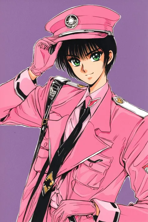 Hokuto Sumeragi,solo,1girl,hat,uniform,black hair,gloves,green eyes,short hair,necktie,retro artstyle,military,military uniform,pink background,smile,pink theme,1990s (style),pink gloves,traditional media,<lora:Tokyo Babylon_XL:0.8>,