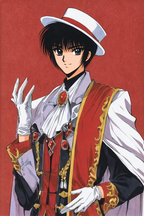 Subaru Sumeragi,1boy,solo,male focus,gloves,hat,black hair,cape,retro artstyle,red background,white gloves,smile,ascot,black eyes,1990s (style),brooch,top hat,long sleeves,white headwear,pillarboxed,formal,looking at viewer,traditional media,<lora:Tokyo Babylon_XL:0.8>,