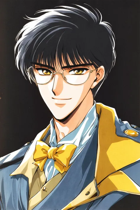 Seishiro Sakurazuka,1boy, male focus, solo, black hair, glasses, yellow eyes, looking at viewer, retro artstyle, black background, smile, uniform, bow, bowtie, 1990s (style), simple background,traditional media,<lora:Tokyo Babylon_XL:0.8>,