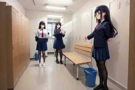best quality, ultra-detailed, illustration,
kouishitsu, locker room, locker, clock, scenery, door, bench, tiles, trash can, tile floor, indoors, locker, bench,
multiple girls, glasses, black hair, long hair, standing, red necktie, pantyhose, white shirt, shoes, school uniform, blue skirt, collared shirt, undressing, half undress, bra, 
 <lora:kouishitsu_SD15_V1:1>