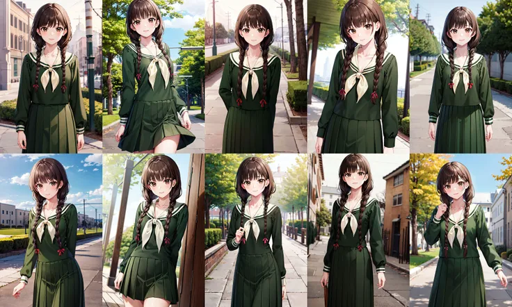 masterpiece, best quality, highres, aayoshino, long hair, twin braids, brown eyes, hair over shoulder, school uniform, sailor collar, neckerchief, green shirt, sailor shirt, long sleeves, green skirt, long skirt, <lora:shimazu_yoshino_v1:0.7>, standing, cowboy shot, outdoors,