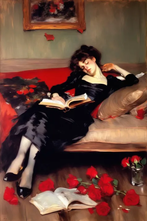 <lora:William Merritt Chase Style:1>William Merritt Chase Style - Woman reclining on sofa with book in left hand and red rose on floor fallen from her right hand style of John Singer Sargent