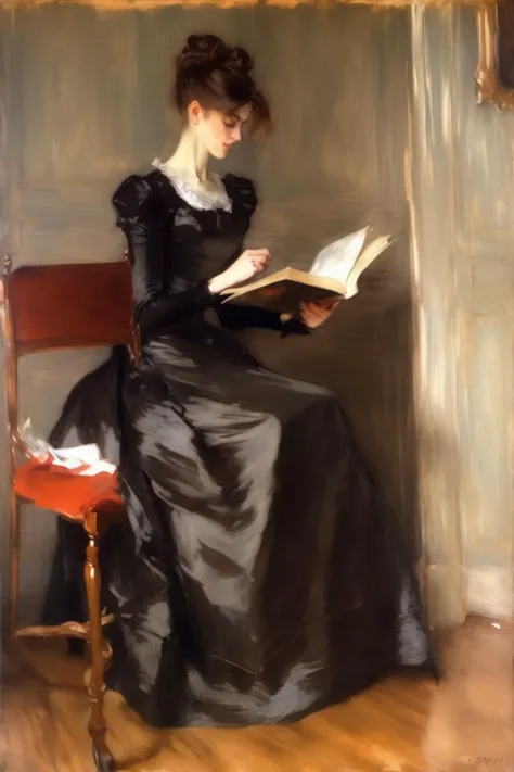 <lora:William Merritt Chase Style:1>William Merritt Chase Style - full-length portrait of a woman reading a book in the style of john singer sargent
