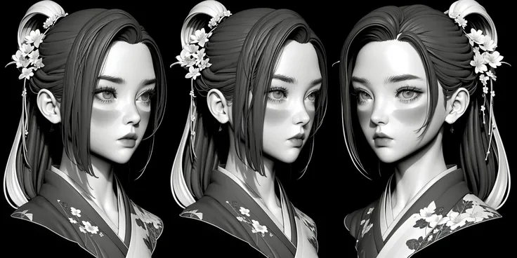 monochrome, HEZI, Three views, modeling, Hair, girl, avatar, greyscale, 1girl, hair ornament, earrings, jewelry, realistic, closed mouth, multiple views, portrait, 3girls, looking at viewer, hair stick, simple background, black background, lips, nose, flower, grey background, japanese clothes, long hair, bangs, eyelashes, expressionless, chinese clothes, parted bangs, ponytail, hair flower, floral print, mole, upper body, kimono, variations, forehead, sidelocks, looking away, hanfu, short hair<lora:å»ºæ¨¡å¤´åä¸è§å¾-000008:0.8>,