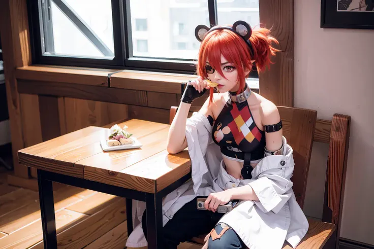 masterpiece, best quality,1girl,eyepatch,sitting, table,eating,