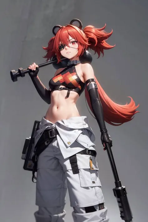 masterpiece, best quality,1girl, solo, red hair, eyepatch, navel, gloves, elbow gloves, black gloves, long hair, breasts,hammer, simple background, black footwear, looking at viewer, animal ears, standing, midriff, bare shoulders, holding, pants, ponytail, boots, (kbxll:0.8)